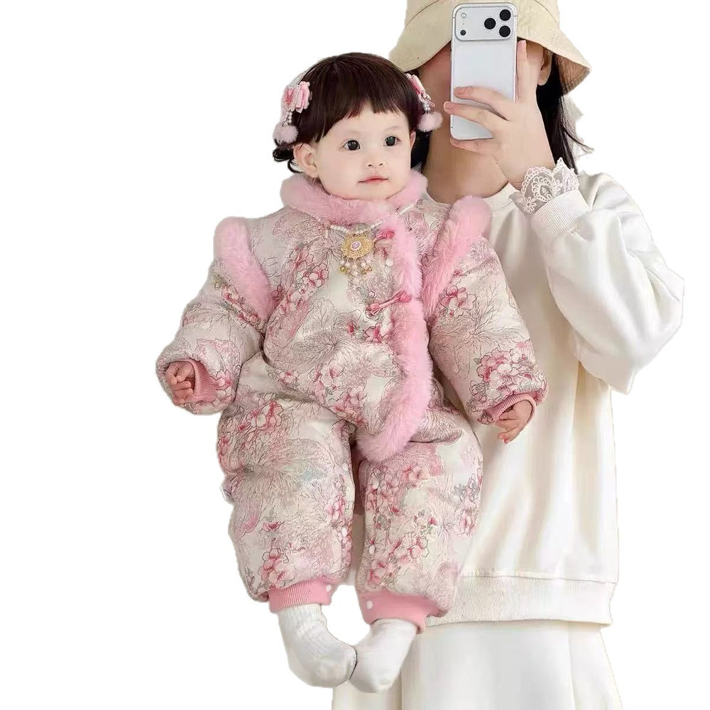 Newborn baby girl cute princess full moon baby fall and winter chinese style jumpsuit han dynasty thickenedcute outing clothes
