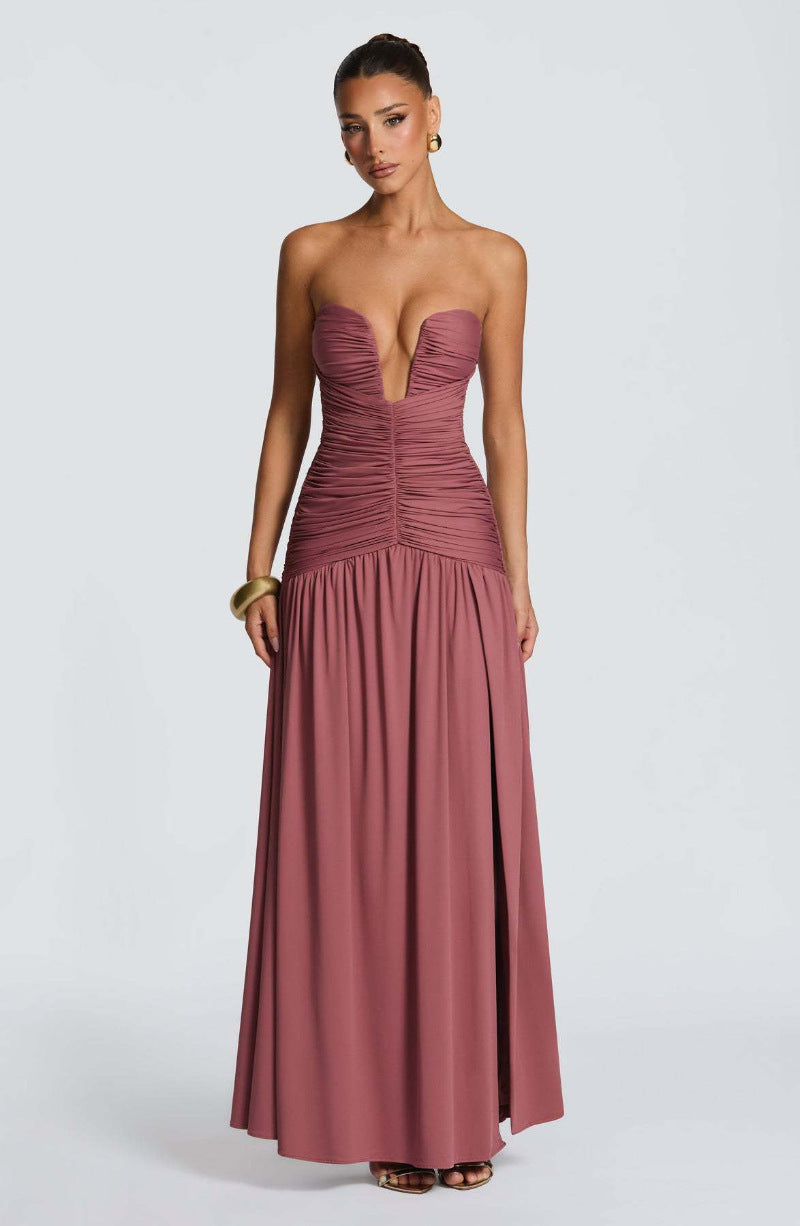 european and american women's clothing  spring/summer new collection: solid color, elegant bandeau, high slit, ruched, sexy bodycon dress