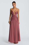 european and american women's clothing  spring/summer new collection: solid color, elegant bandeau, high slit, ruched, sexy bodycon dress