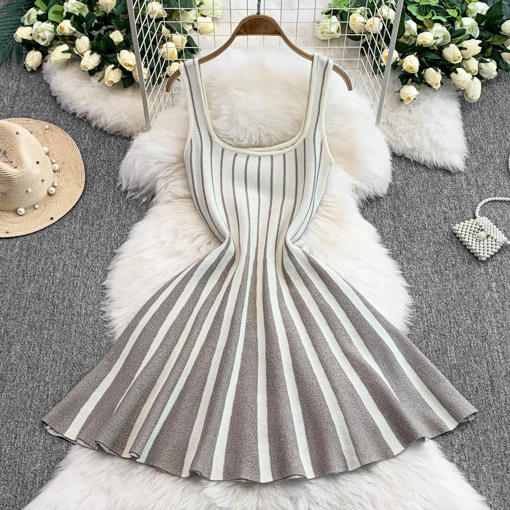 2025new arrivalelegantelegance vertical stripes waist slimming look suspender dress light mature style knitting large hem short skirt for women