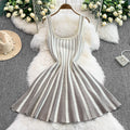 2025new arrivalelegantelegance vertical stripes waist slimming look suspender dress light mature style knitting large hem short skirt for women