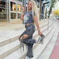European and american style jeans  cross-border women's fashion hot girl washed slit tie-up denim high waist pants