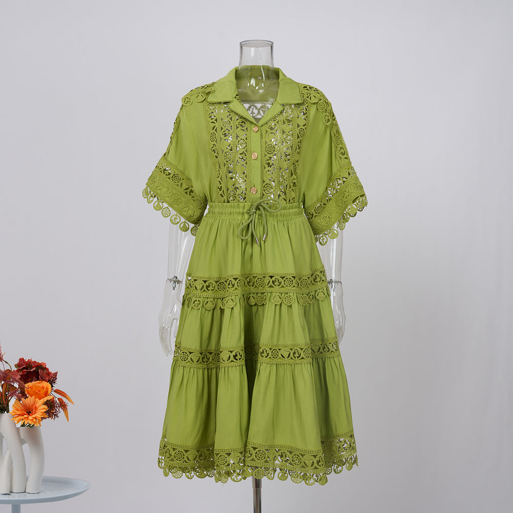 Fashionexportfrench palace style lacecut out crochet shorttopshigh waistlacepatchwork skirtsuit