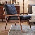 Genuine leather solid wood single sofa chair - minimalist designer armchair for study or living room - walnut finish
