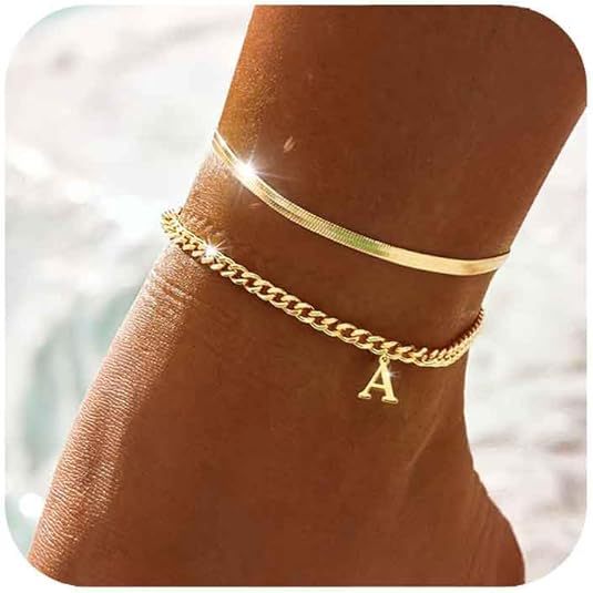 European and american style 26 alphabet letter pendant anklet - gold stainless steel layered snake chain - trendy & unique jewelry