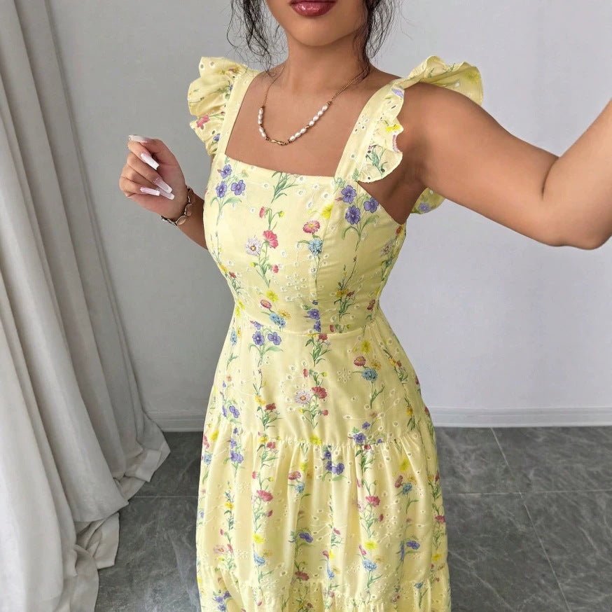 european and american cross-border summer new sweet floral print french style halter neck bodycon dress