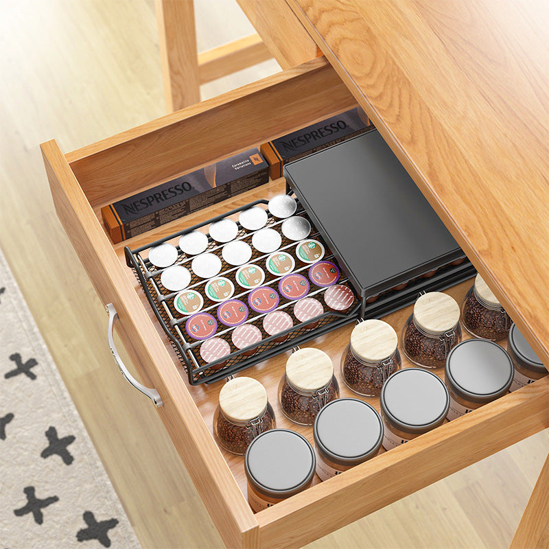 Customized coffee capsule storage rack Pull-out dust storage box Desktop tea bag Coffee machine base rack