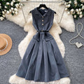 Salt style wear work clothing sleeveless lapel dress female summer waist slimming lookpleated skirteleganceelegant silm skirt