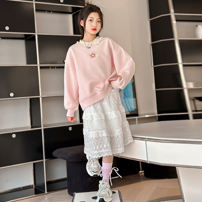 Girls' spring/autumn sweatshirt -  new style, chic and trendy polo collar floral top, loose fit base layer, fashionable