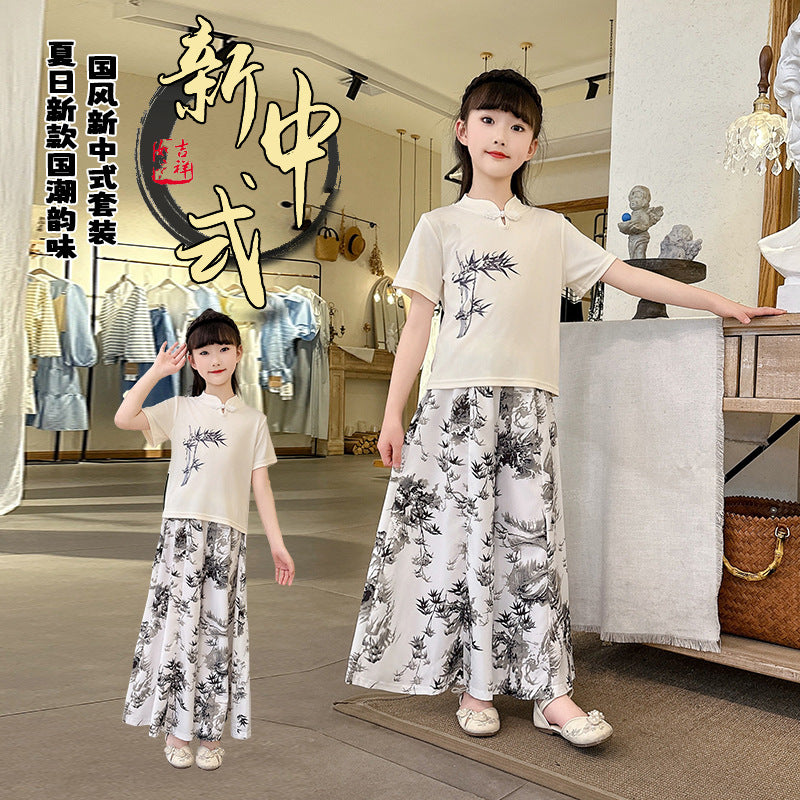 Girls'  new summer outfit set, mid-to-large children's summer clothing, chinese style with a modern twist, chinese-inspired short-sleeve two-piece trendy set