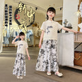 Girls'  new summer outfit set, mid-to-large children's summer clothing, chinese style with a modern twist, chinese-inspired short-sleeve two-piece trendy set