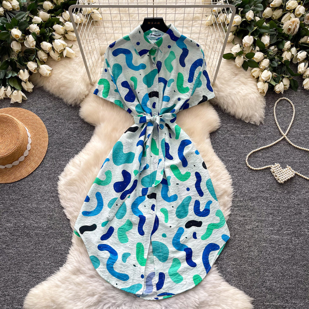 K-style printing short sleeve dress women's  summer waist slimming look a-line skirt work clothingelegant shirt skirt