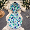 K-style printing short sleeve dress women's  summer waist slimming look a-line skirt work clothingelegant shirt skirt