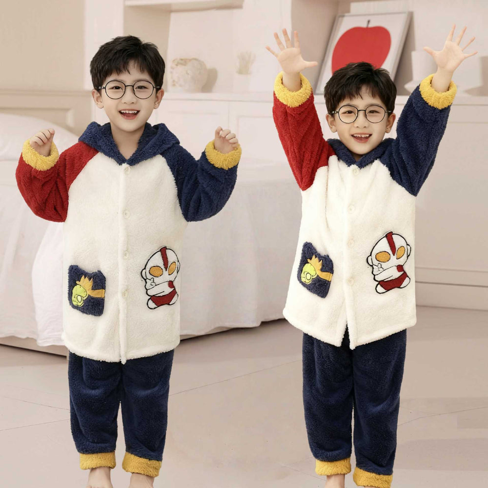 Boys' winter flannel pajamas - thickened coral fleece robe set for autumn and winter
