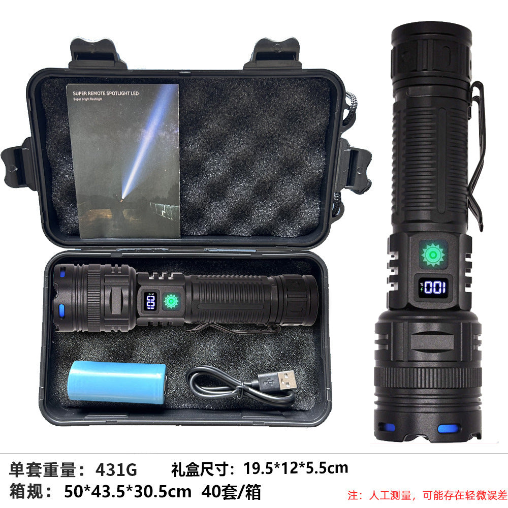 Cross-border new digital display charging strong light flashlight white laser LED outdoor lighting multi-function zoom charging flashlight
