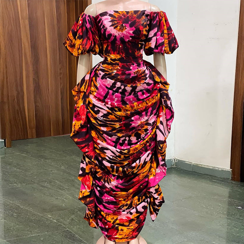 European and american cross-border women's fashion:  autumn/winter new arrival - elegant off-the-shoulder printed ruffle trim slimming dress