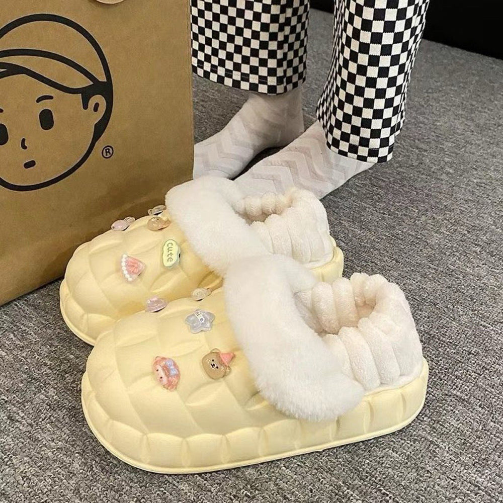 2025 women's winter slippers: cute cartoon design, thick sole, fleece lined, non-slip, wear-resistant, warm, detachable waterproof cotton shoes