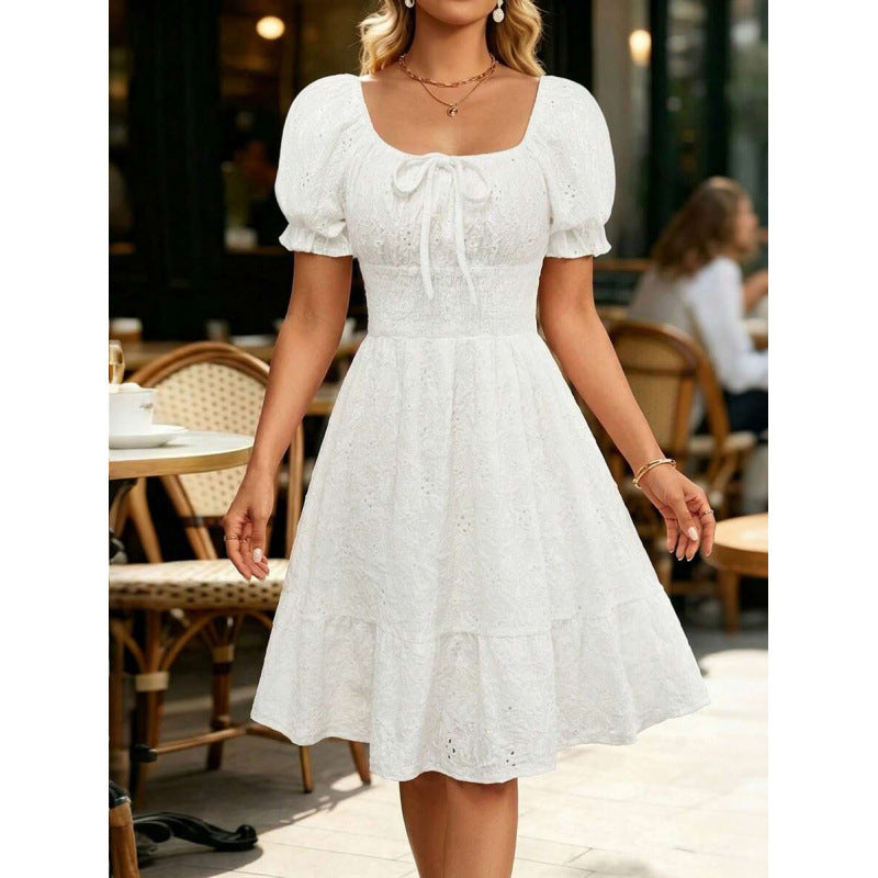 fashion  summer new arrivalelegantrufflespure color puff sleeve square neck shortdress