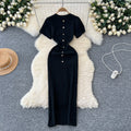 Elegant knittingnew arrivalclassy round neck single breasted short sleeve silmslimming lookfrench mid-length dress