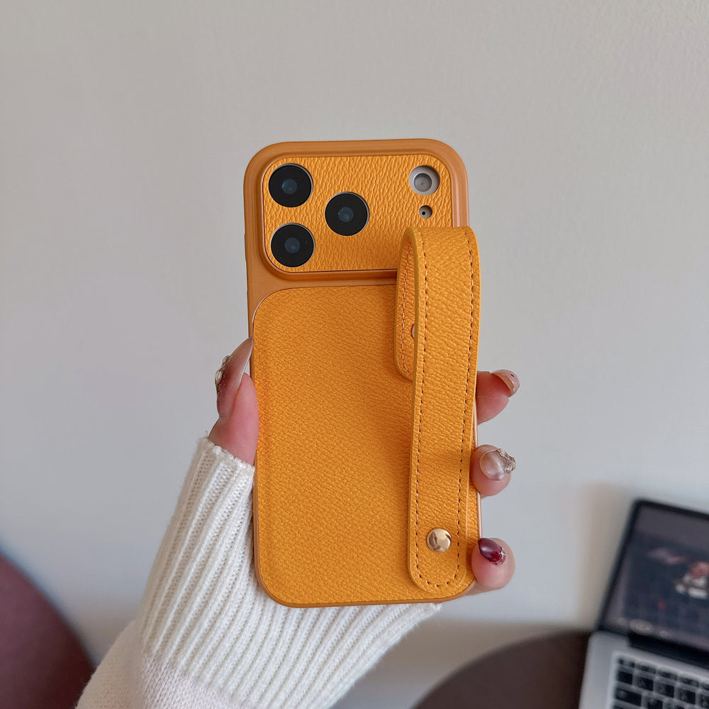 Suitable for apple 16promax to turn into 17 small v pattern plain leather wristband mobile phone case iphone17pro anti-fall case 14