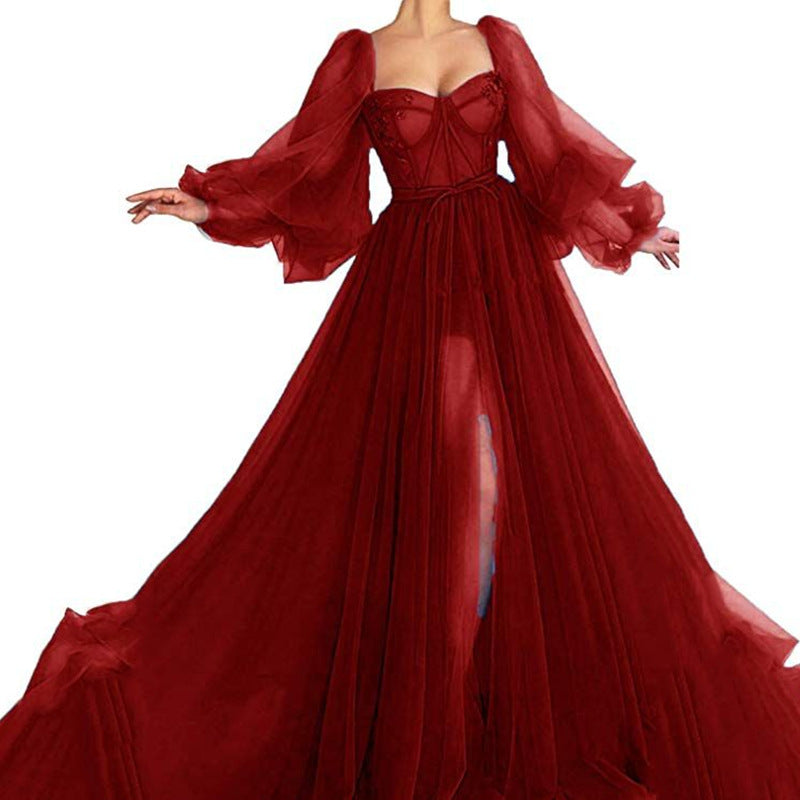 spring/summer new arrivals: european and american style one-shoulder mesh long-sleeve dress - wedding gown/large swing maxi dress