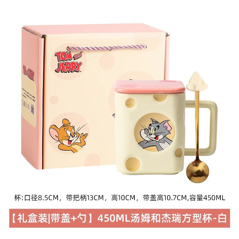 Cat and Mouse Square Cheese Mug with Lid and Spoon Gift Box Household Ceramic Mug Coffee Mug Birthday Gift