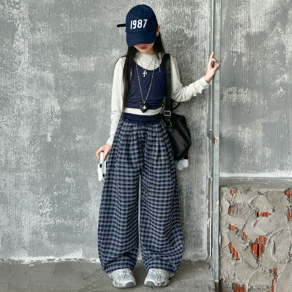 Girls' spring/autumn plaid wide-leg pants,  new autumn casual straight-leg scimitar pants for children, mid-to-large size kids' trousers