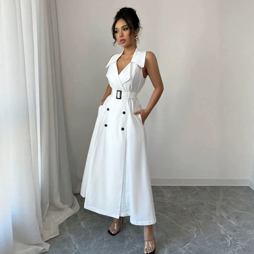 double-breasted elegant polo collar sleeveless dress - slim fit, figure-flattering a-line dress