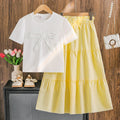 girls' summer new collection: 3d bow short-sleeve top & bohemian tiered skirt set