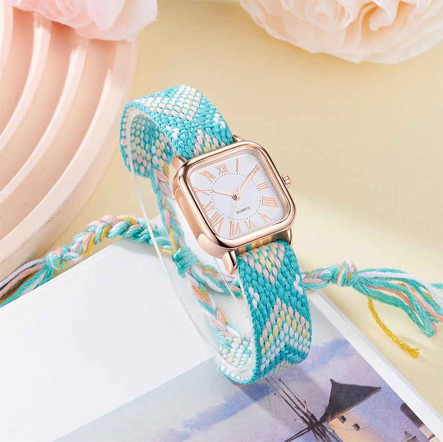 Dopamine color women's small square watch casualretro ethnic style braided rope watch women's watch quartz watch wholesale