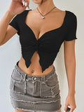 European and american style women's summer  new slim-fit v-neck knit top with twist detail, short length, long sleeve