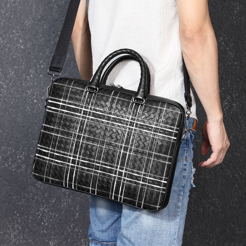 New leather men's bag fashion woven large capacity men's briefcase casual first layer cowhide men's handbag