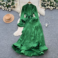 European and american fashion tie-waist long sleeve satin top and high-waisted flared ruffle skirt two-piece set for women - autumn collection
