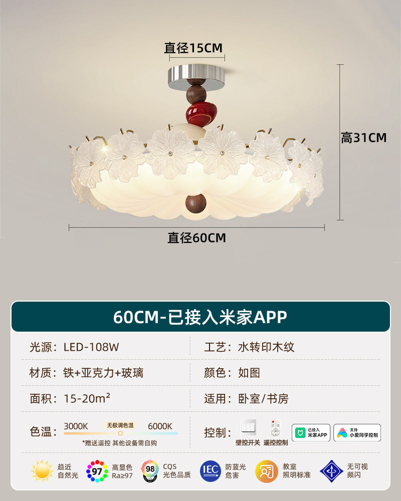 French retro embossed glass flower round ceiling light - walnut wood, soft light, cream style - perfect for kids' rooms and bedrooms