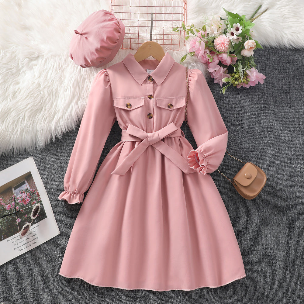 new girls' long-sleeve collared solid color dress with belt and hat