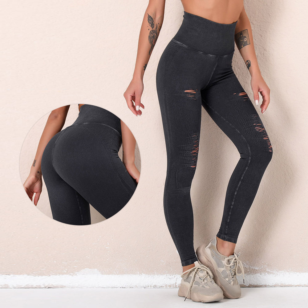 Big sale cross-border new arrival washed yoga pants with holes cut out seamless high waist sports nine-point pants butt lift fitness pants for women