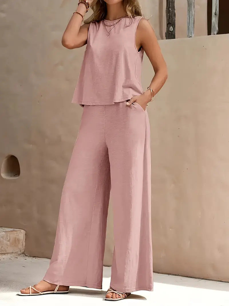 fashion cross-border best sellingpure colorelegancetwo-piece set round neck vest and loose pants suit women's clothing