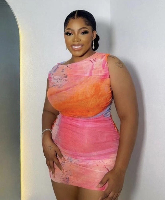 Cross-border European and American tight sexy dress mesh pullover sleeveless short skirt pleated hip skirt women's  wholesale