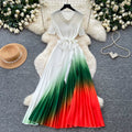 Elegant v-neck gradient color dress - women's summer korean style, slimming a-line pleated maxi dress with drape