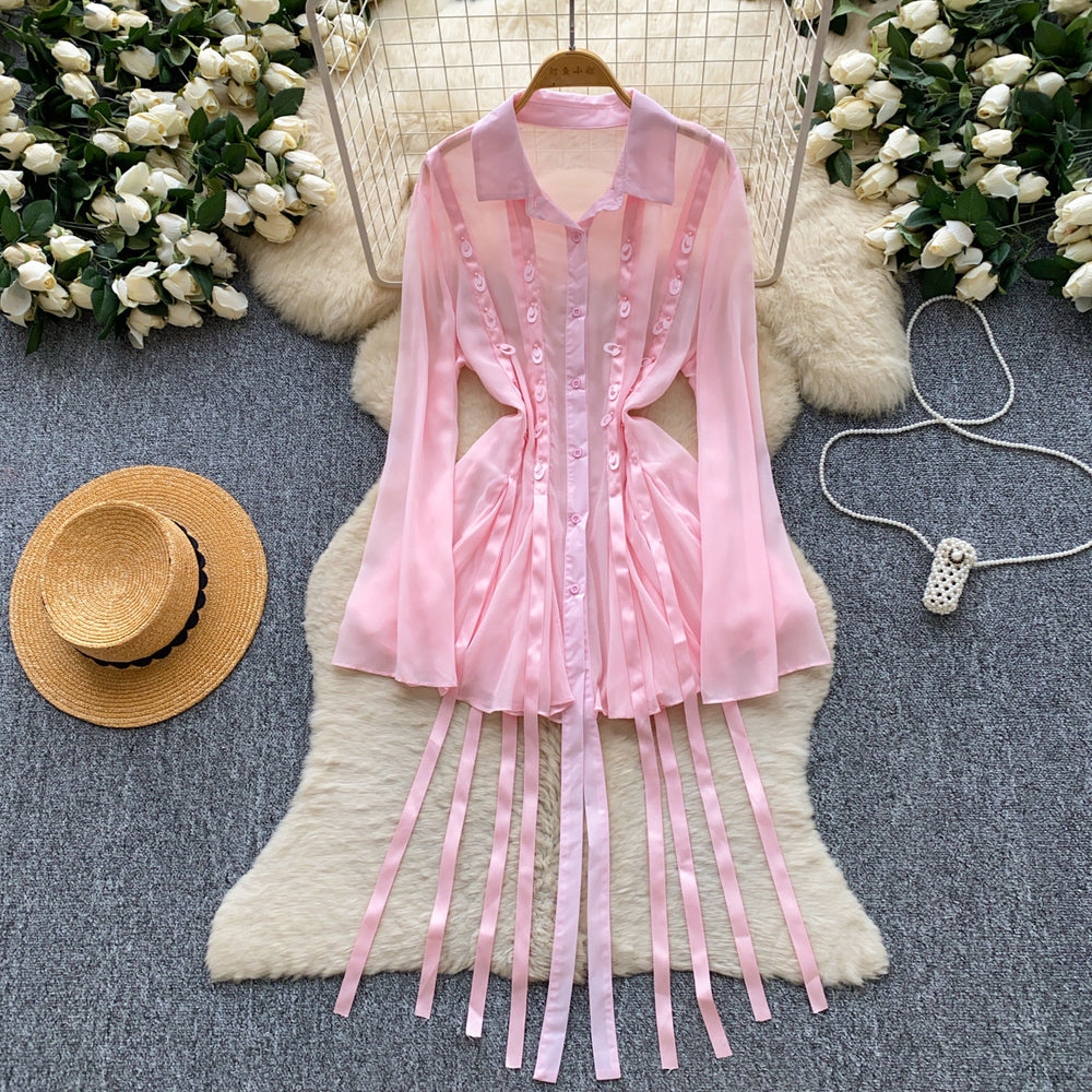 Korean style sweet pink a-line dress with ribbon detail - women's summer flirty sequin tie-waist slimming elegant dress