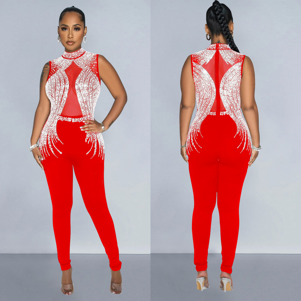 C6931 cross-border   fashion women's solid color mesh rhinestone sleeveless pants jumpsuit