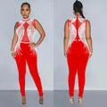 C6931 cross-border   fashion women's solid color mesh rhinestone sleeveless pants jumpsuit