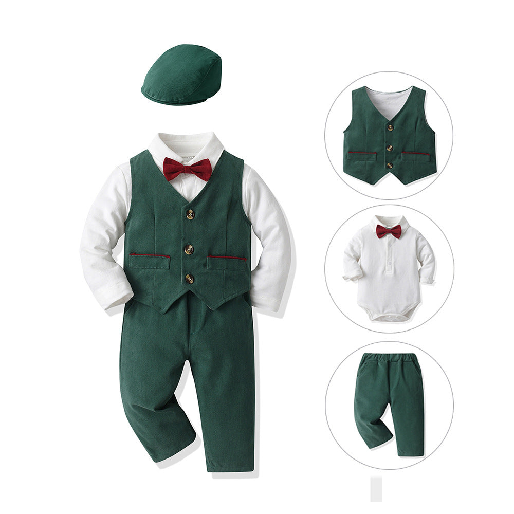 New korean style export children's suit: baby long-sleeve cotton shirt, vest set, and beret three-piece outfit