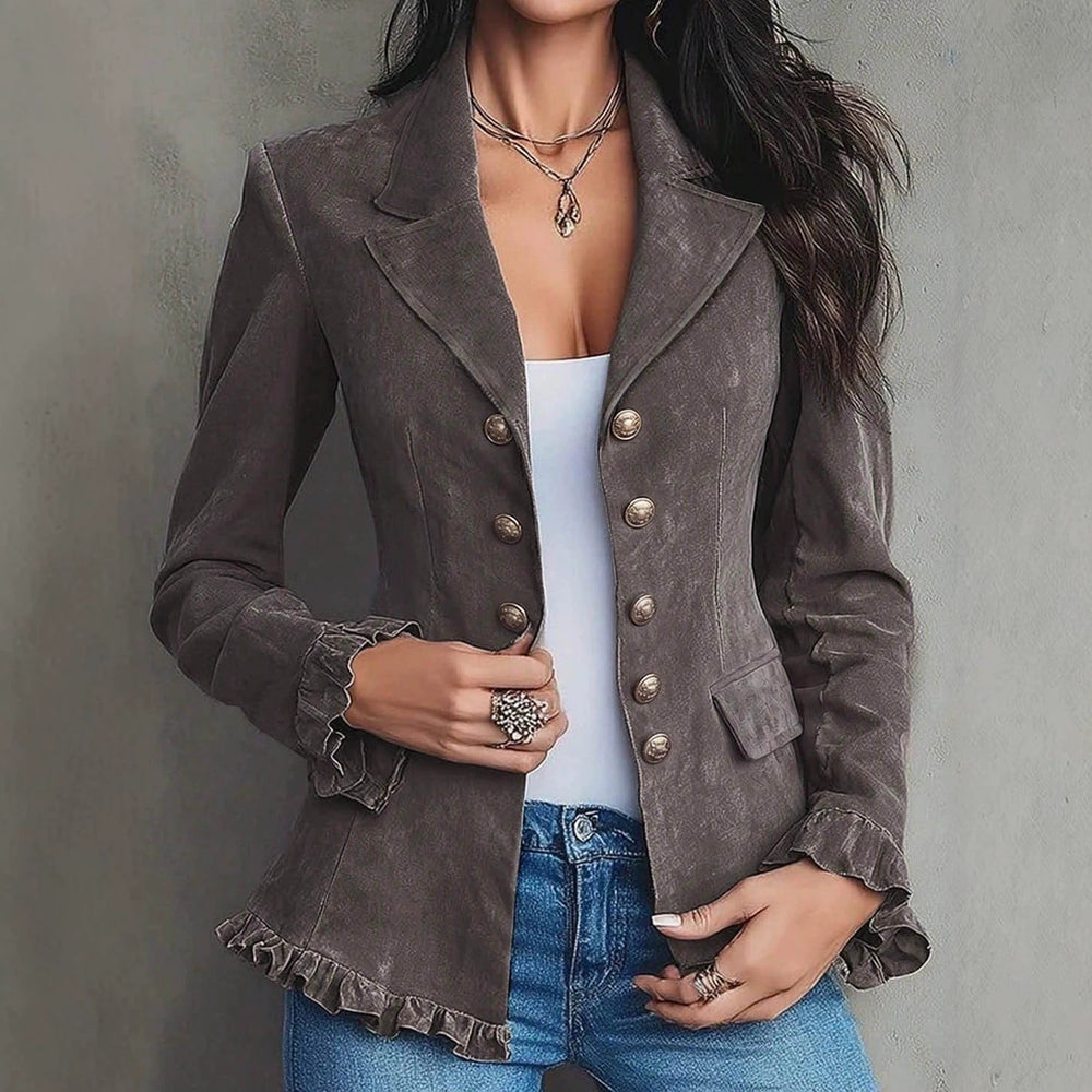 European and american cross-border exclusive: autumn/winter retro casual blazer with ruffle trim, slim-fit, and figure-flattering women's cropped jacket