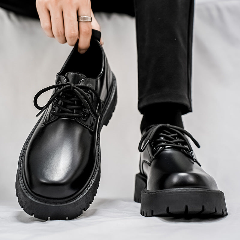Autumn new men's casual leather shoes, retro work boots, lace-up soft sole breathable height increasing chunky sole oxfords