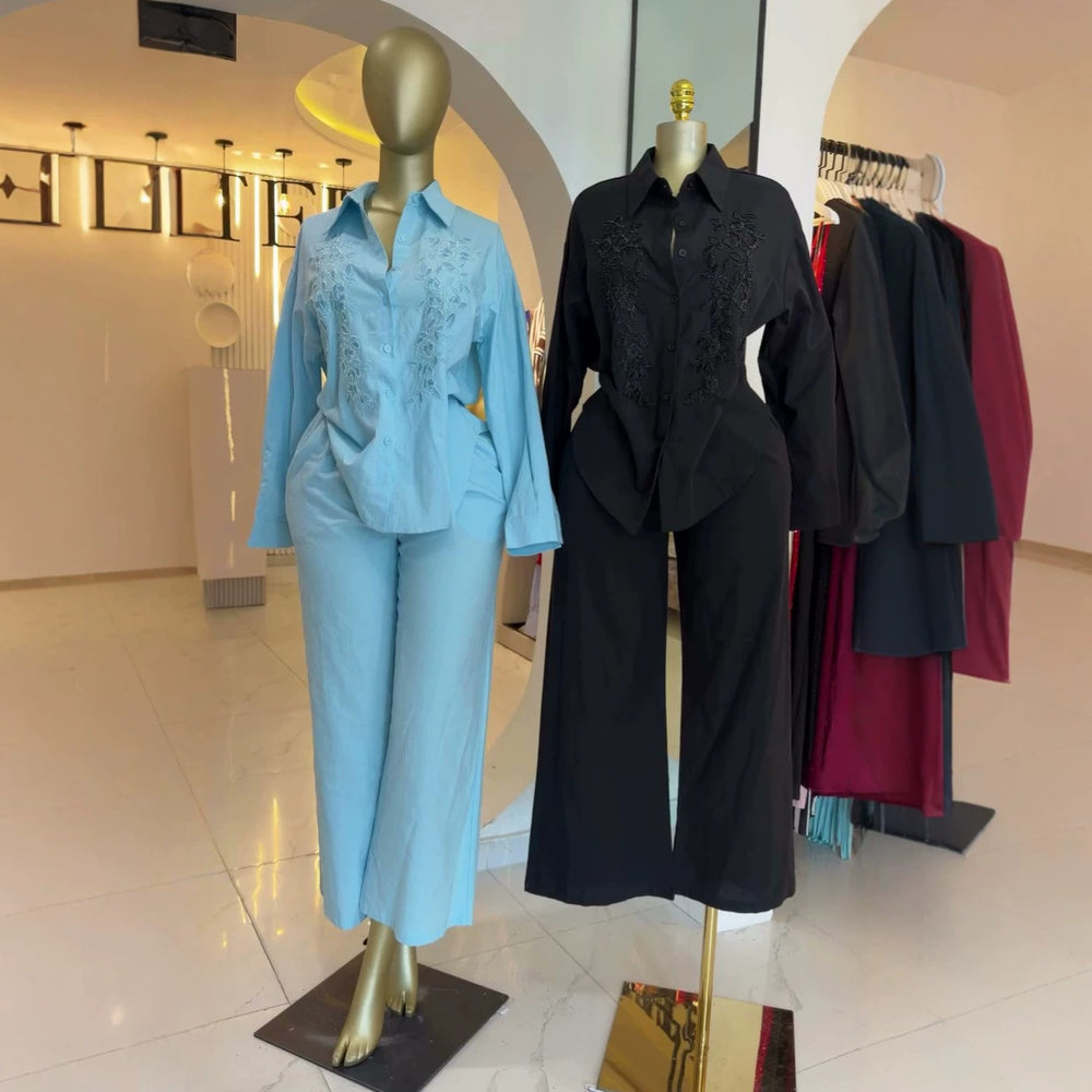 European and american cross-border women's fashion:  summer new collection - stylish turn-down collar solid color beaded long sleeve blouse and high-waisted pants set