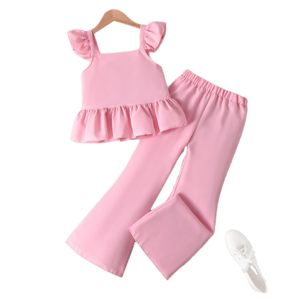 cross-border girls' pink vest & flutter sleeve top with lace-trimmed flare pants two-piece set