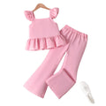cross-border girls' pink vest & flutter sleeve top with lace-trimmed flare pants two-piece set