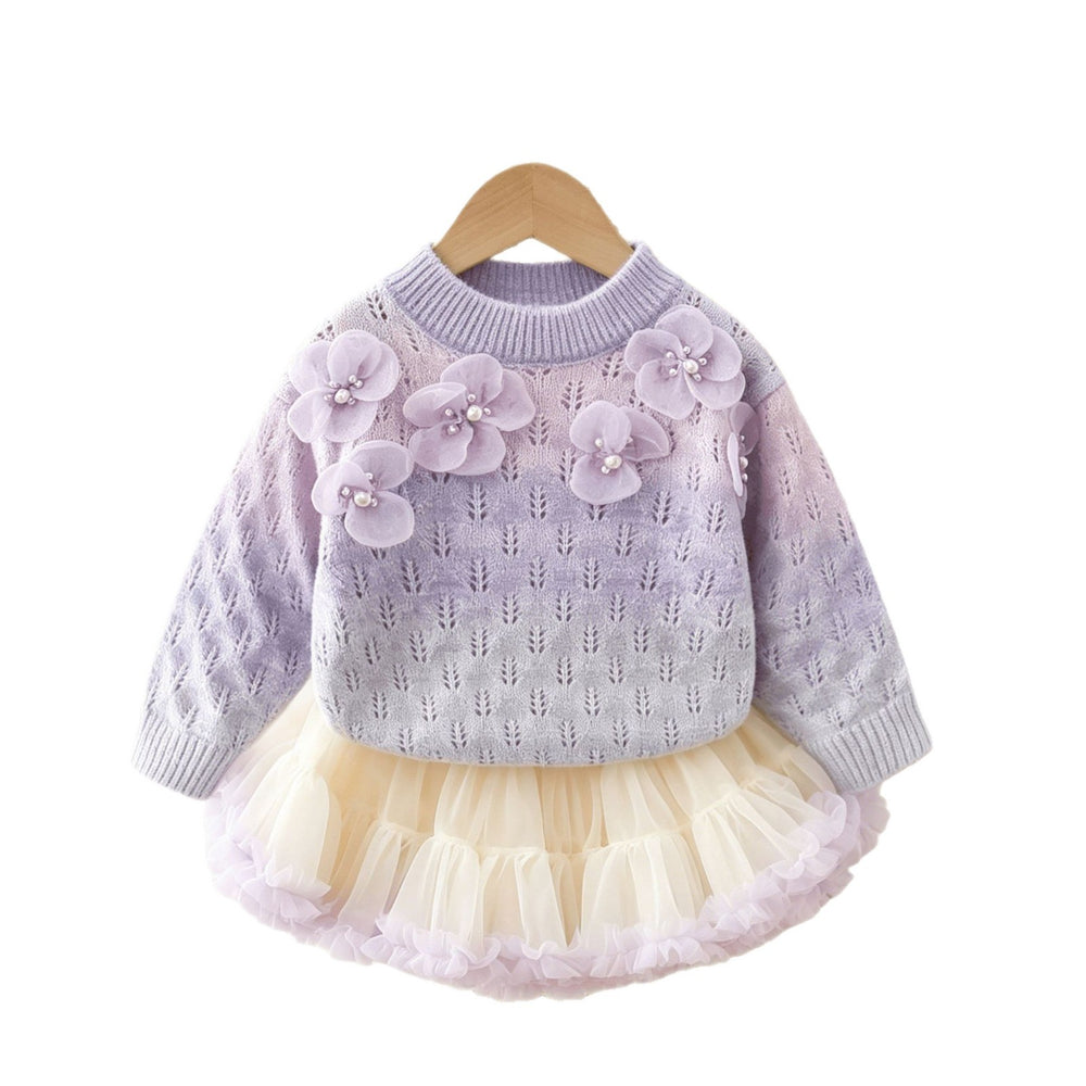 Girlsweaterspring & fallsense of design beaded flower bottom shirt gradient color sweateroutwear lazy soft waxytwo-piece set