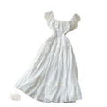 French romantic yellow dress - women's summer sleeveless lace trim off-the-shoulder a-line dress with cinched waist